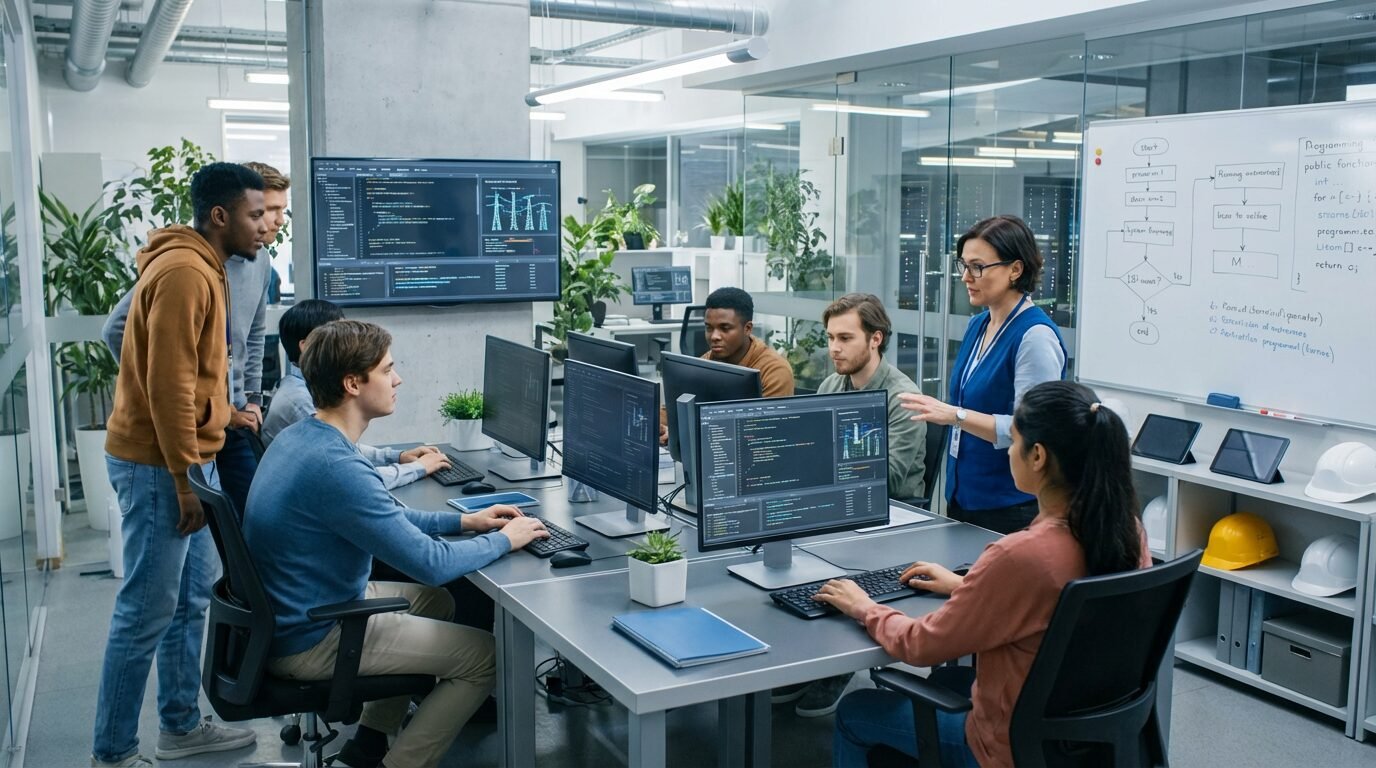 Jovens em laboratório de informática durante curso de programação do SENAI