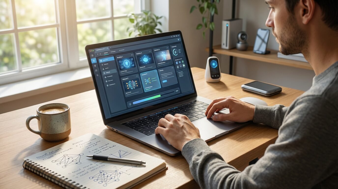 Jovem estudando online no notebook com anotações e certificado na tela