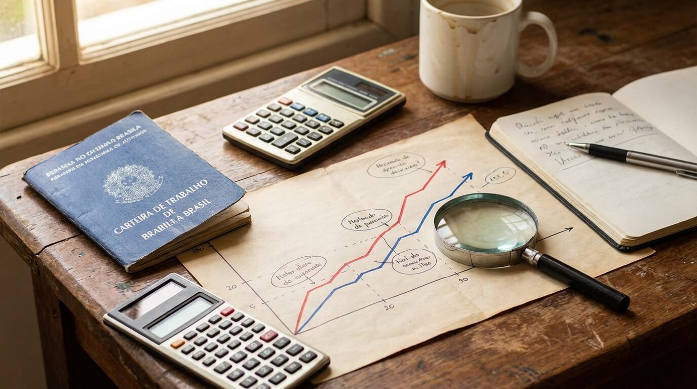 Carteira de trabalho ao lado de calculadora e gráfico de emprego no Brasil