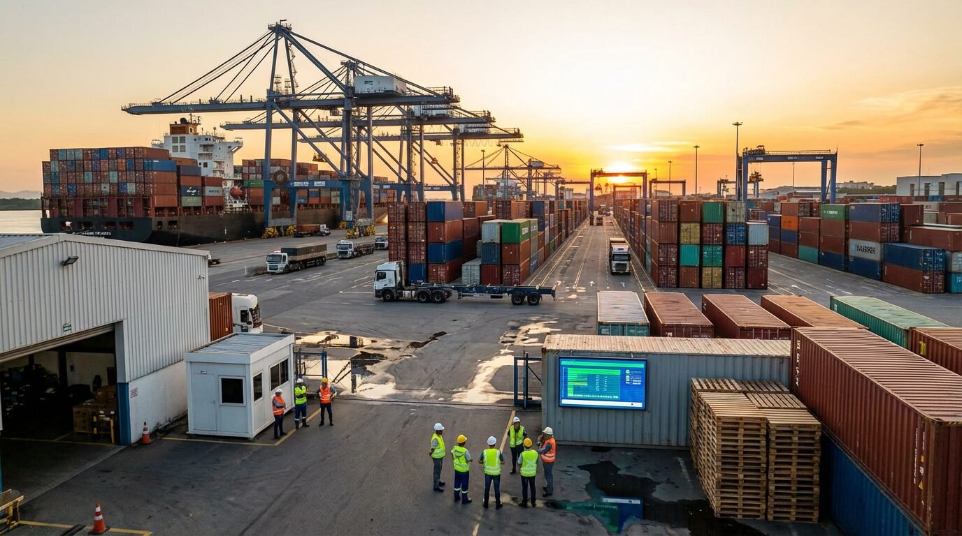 Terminal da DP World no Porto de Santos com guindastes e contêineres