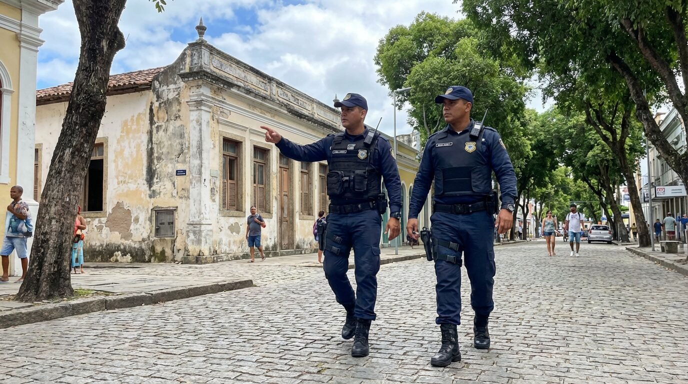 Guardas municipais fardados patrulhando área urbana de Maceió