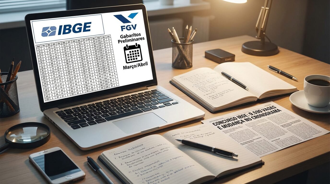 Candidatos consultando gabaritos do IBGE no site da FGV em um computador