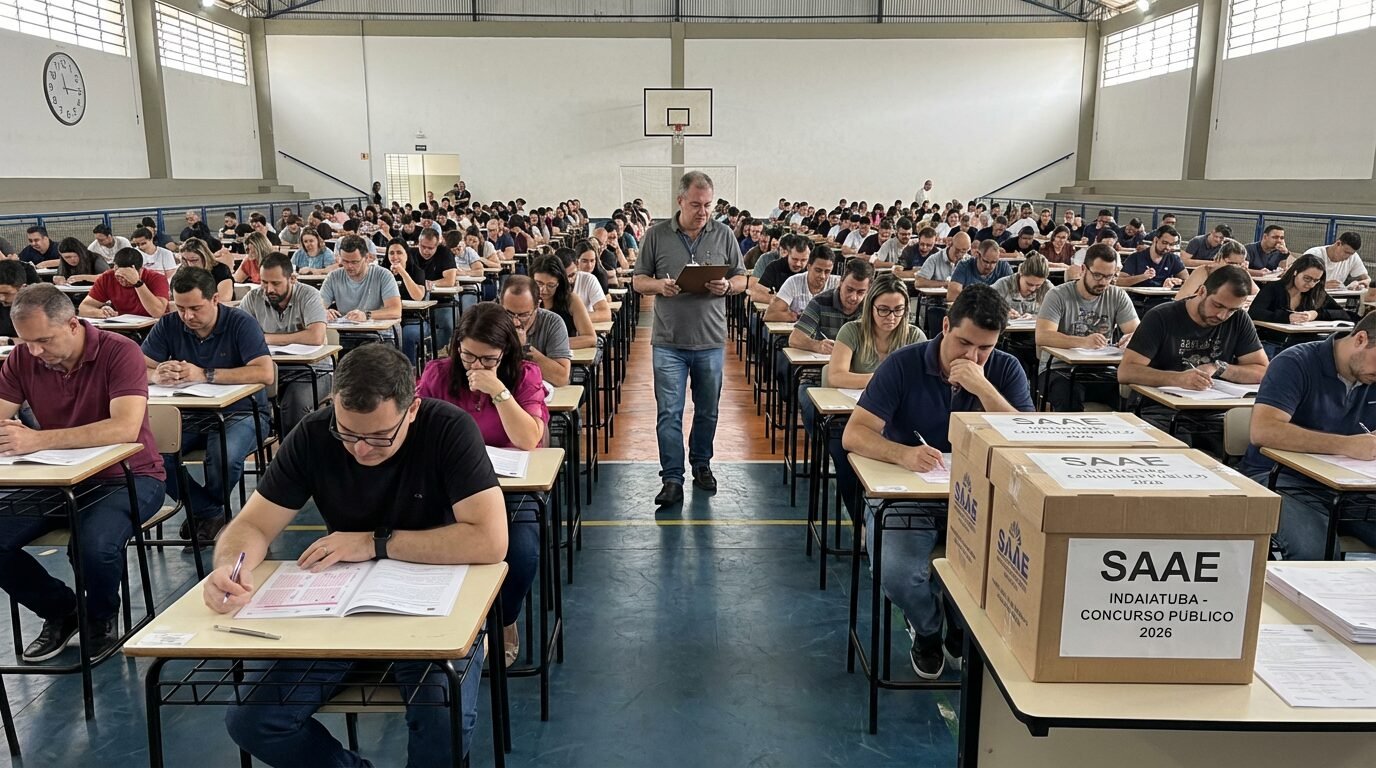 Candidatos em sala de prova durante o concurso do SAAE Indaiatuba 2026