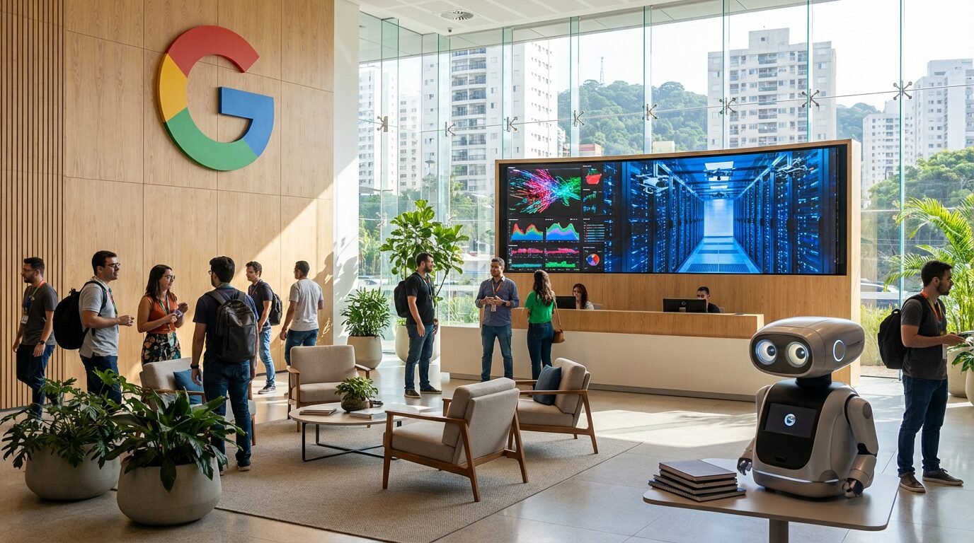 Entrada de escritório do Google no Brasil com logotipo colorido em destaque