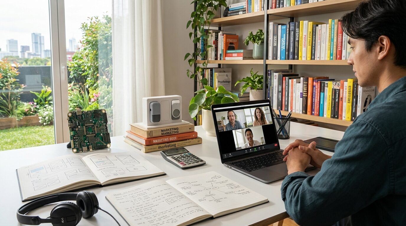 Profissional trabalhando em home office no notebook durante reunião online