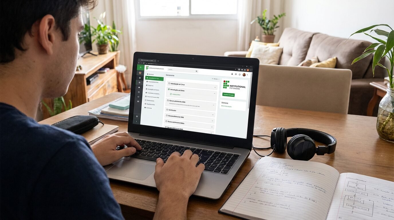 Estudante acessa curso on-line do IFSP campus Barretos em notebook