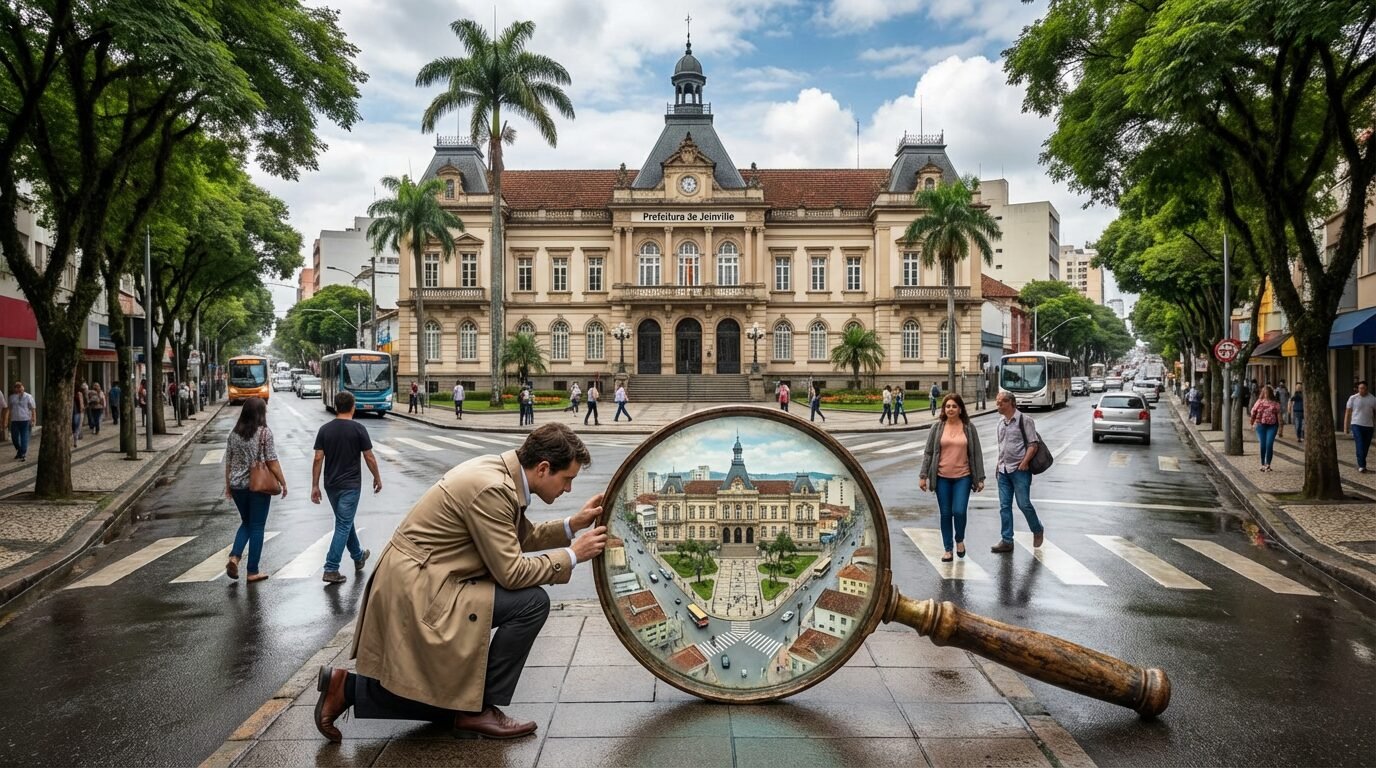 Fachada da Prefeitura de Joinville e vista urbana da cidade em Santa Catarina