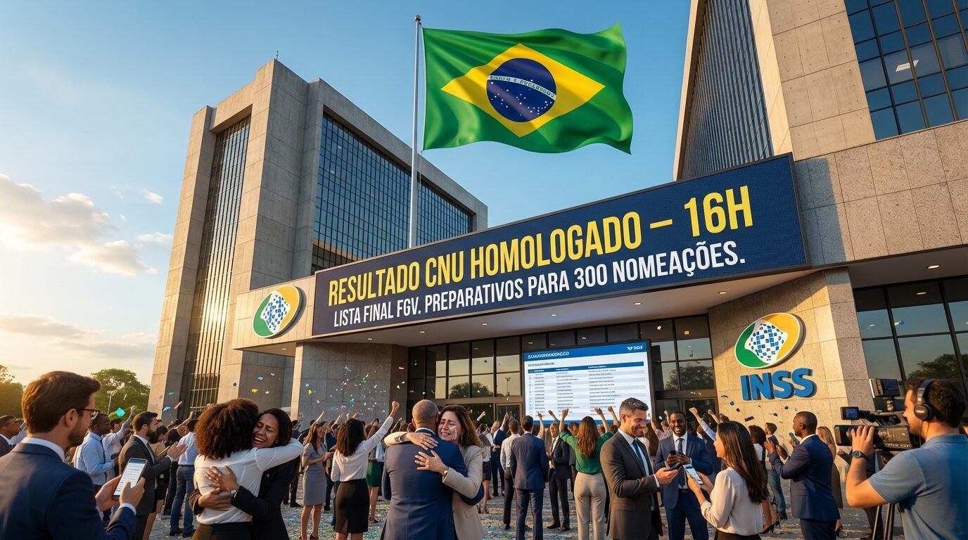 Fachada de unidade do INSS em Brasília com a bandeira do Brasil ao fundo