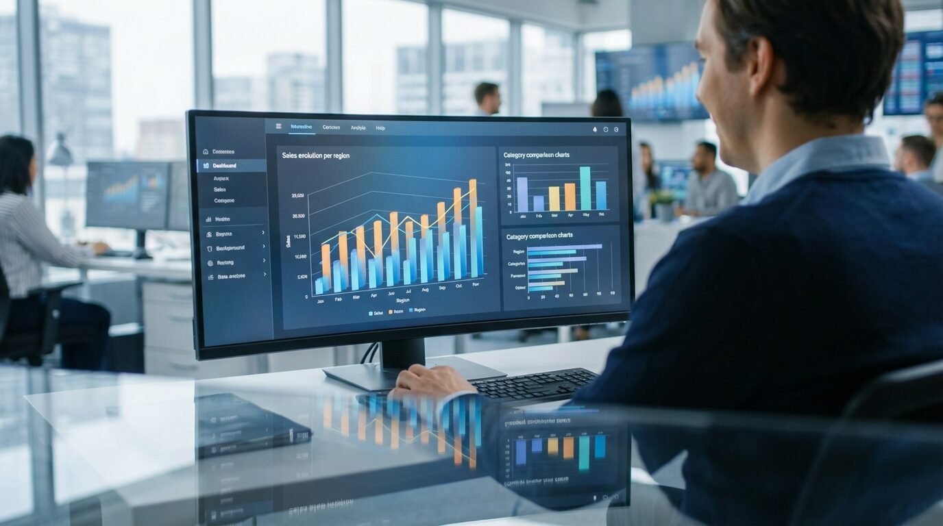 Profissional analisando gráficos em um dashboard com dados de vendas