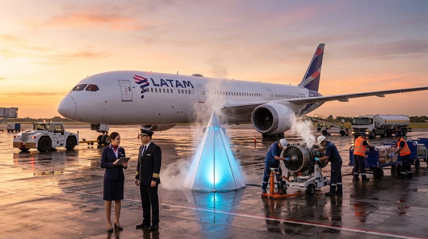 Equipe de solo da LATAM atende aeronave no pátio de um aeroporto brasileiro