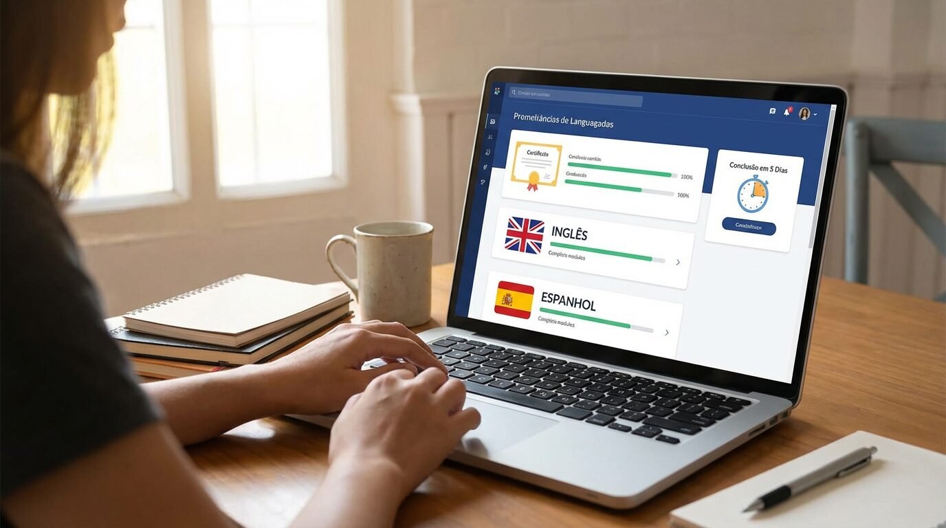 Estudante acessa curso on-line de inglês e espanhol no notebook em casa