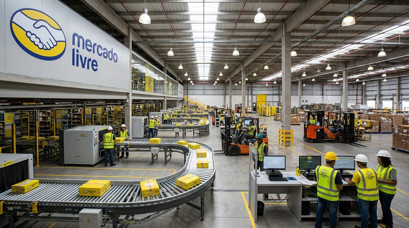Centro logístico do Mercado Livre no Brasil com colaboradores em operação