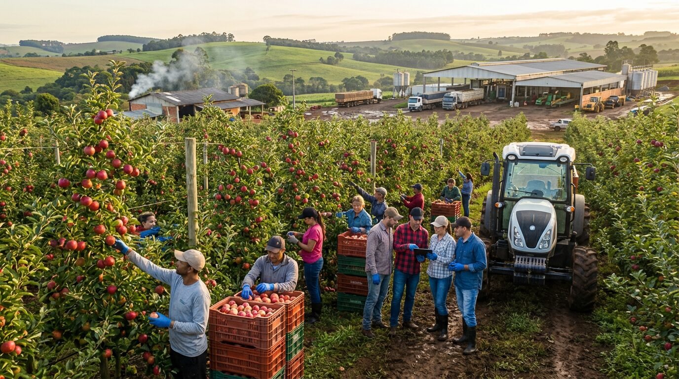 Trabalhadores colhem maçãs em pomar no Sul do Brasil durante a safra