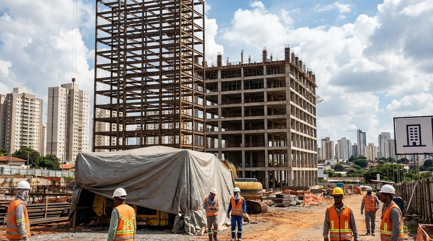 Profissionais da construção civil em canteiro de obras em Goiânia com equipamentos de segurança