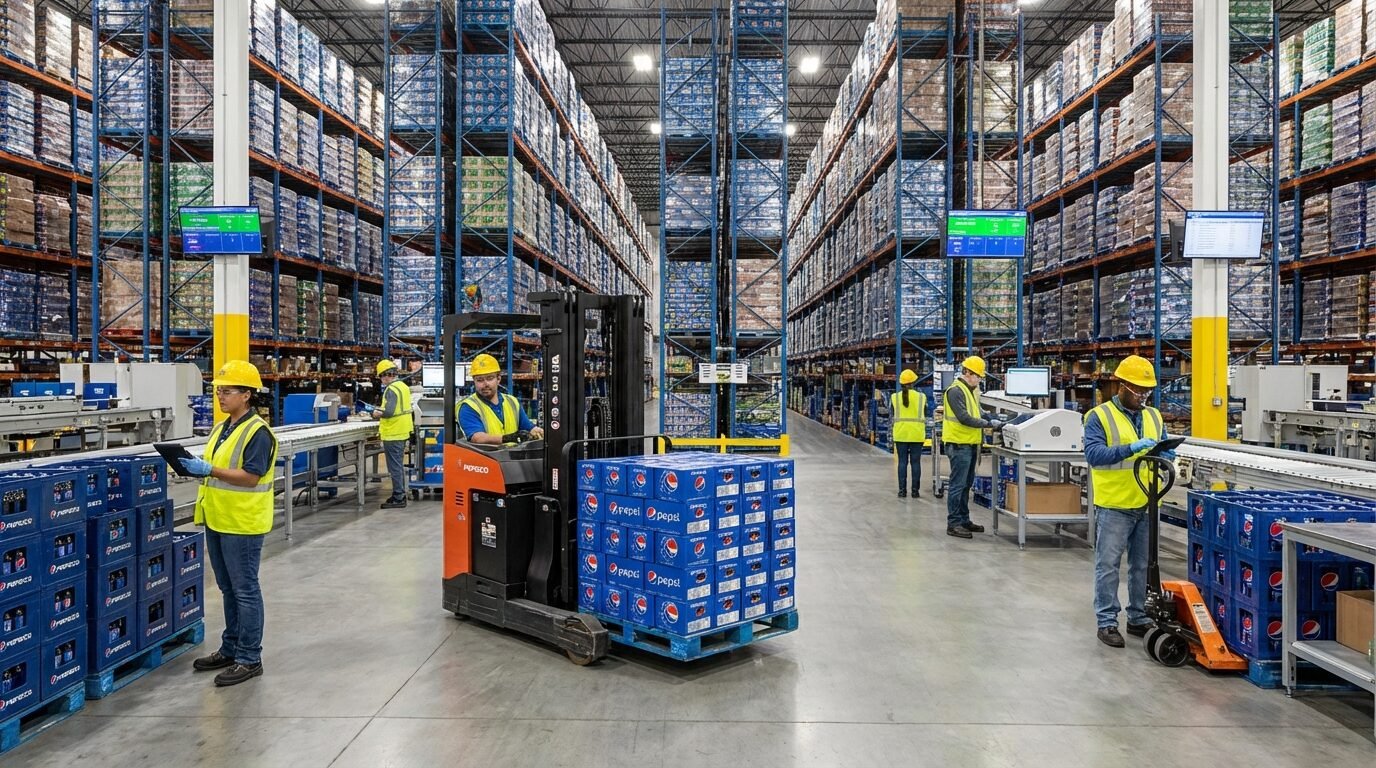 Centro de distribuição da PepsiCo com empilhadeira movimentando paletes