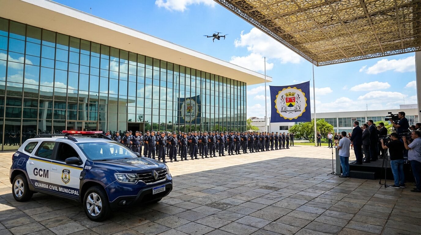 Guardas da GCM de Sorocaba em formação em frente ao Paço Municipal