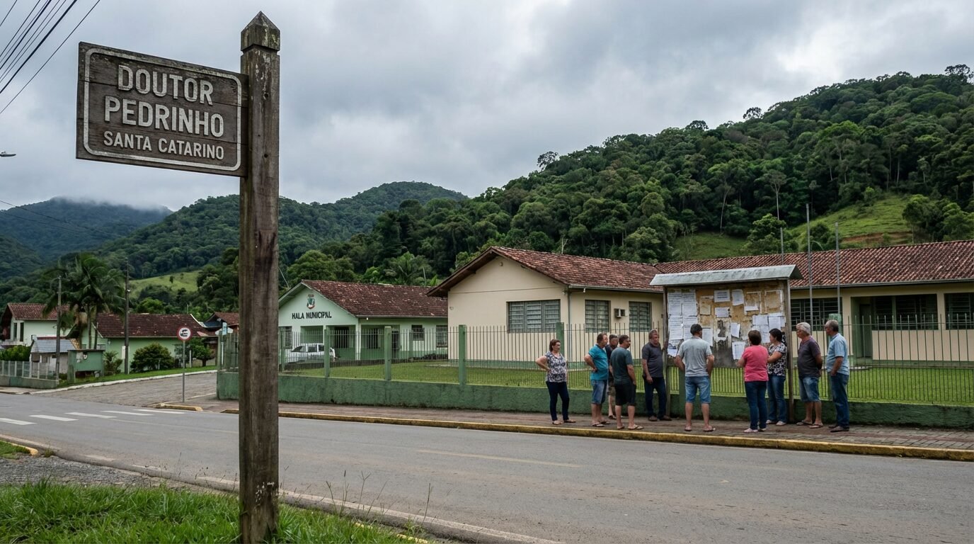 Vista de Doutor Pedrinho SC no Vale Europeu com escola municipal ao fundo