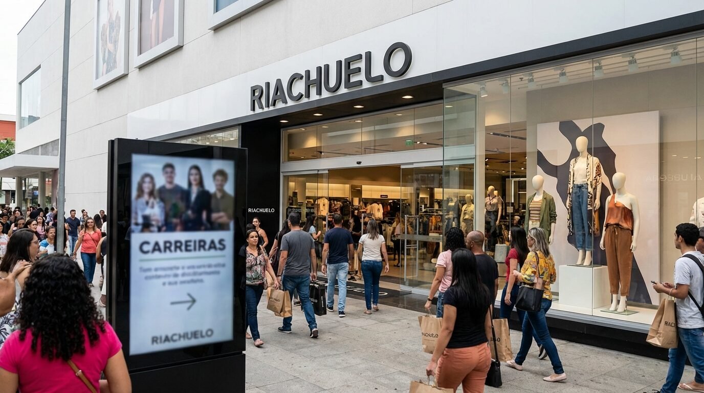 Fachada de uma loja da Riachuelo em shopping com movimento de clientes