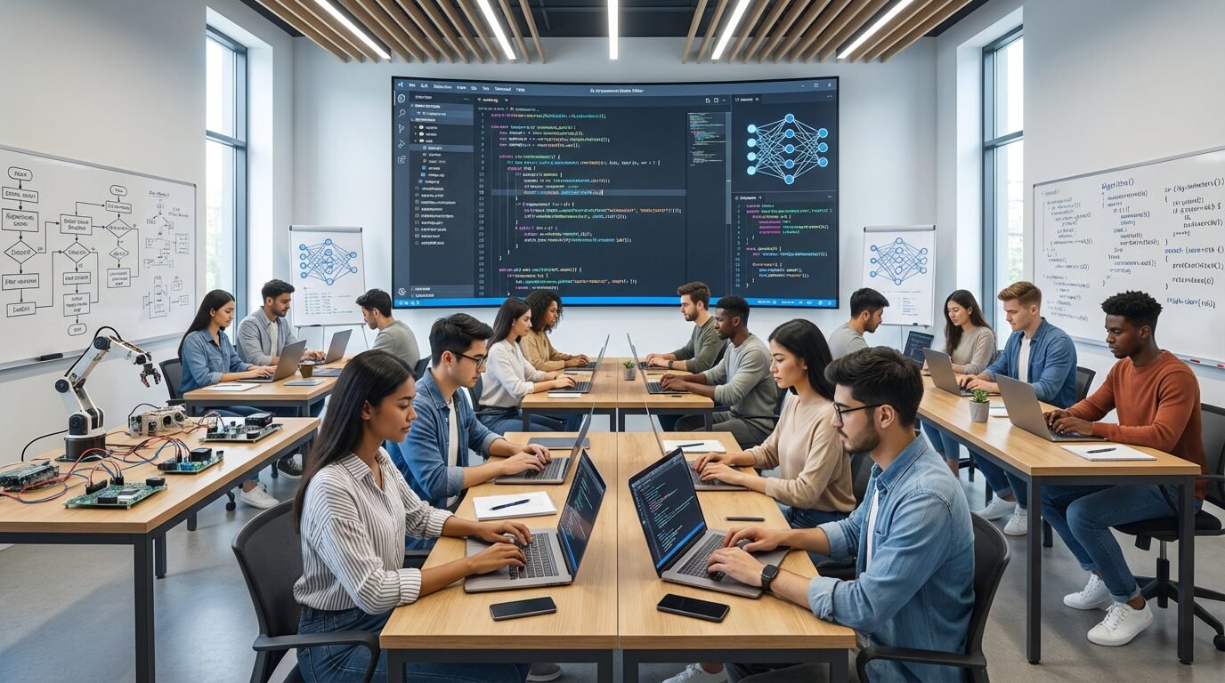 Estudantes em notebooks durante imersão de programação da Rocketseat