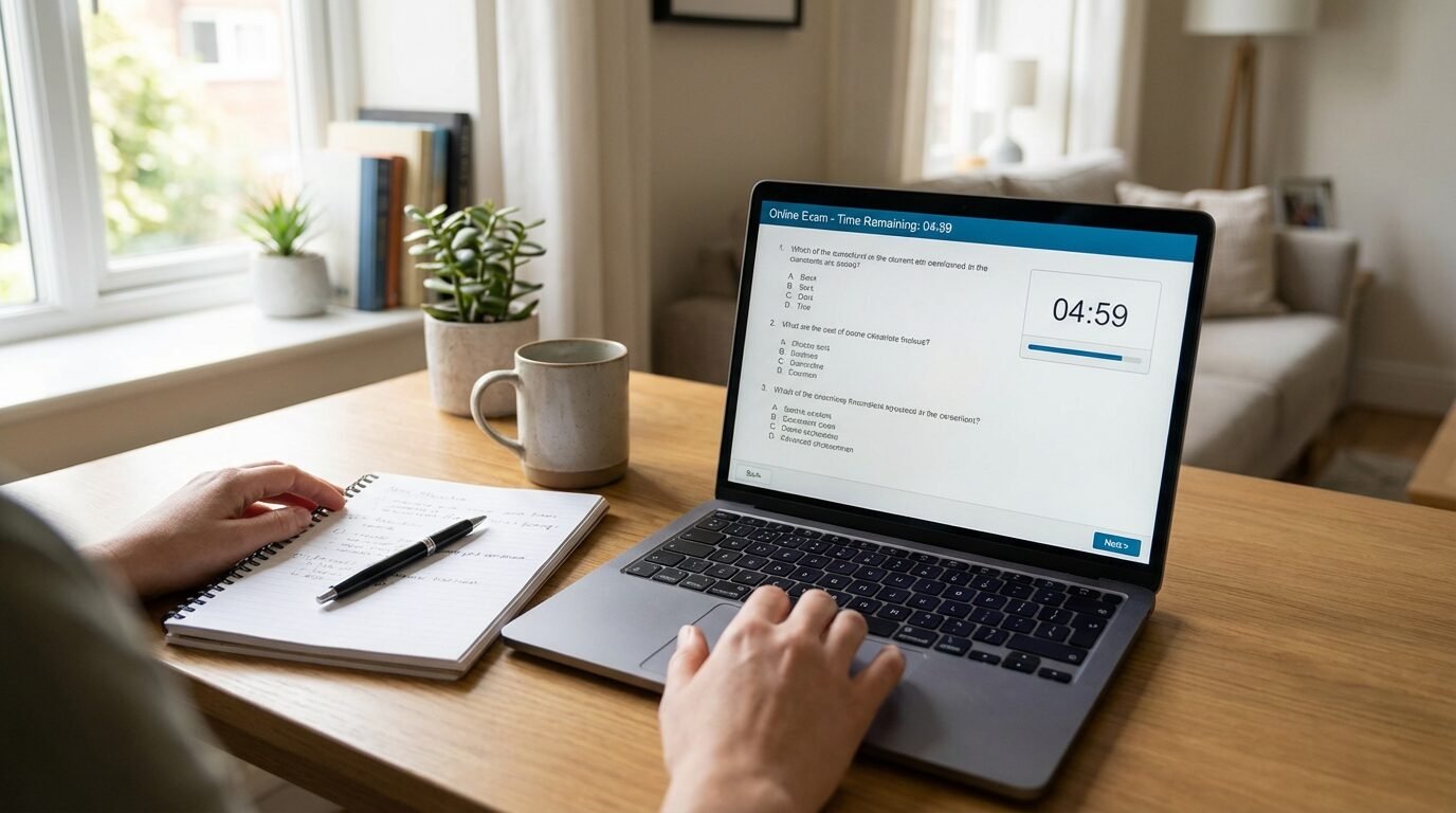 Computador com estudante realizando prova online para cursos técnicos EAD