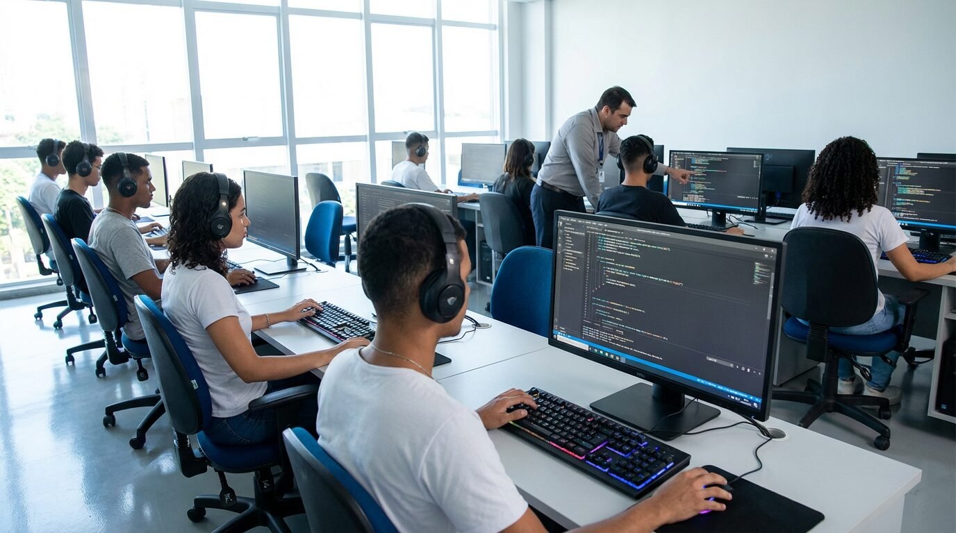 Alunos em laboratório de informática do Senai durante aula de programação