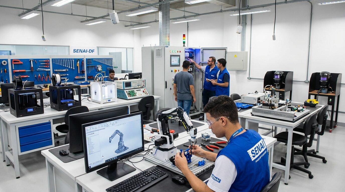 Alunos em laboratório do Senai-DF durante curso técnico no Distrito Federal