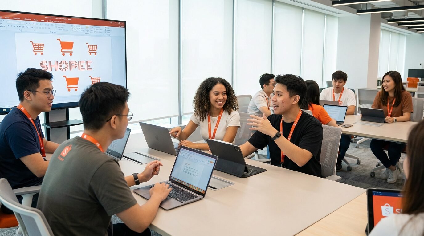 Jovens aprendizes em escritório da Shopee no Brasil durante integração