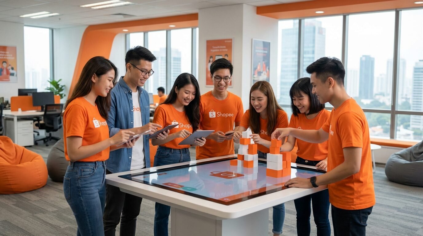 Jovens aprendizes em treinamento em unidade da Shopee no Brasil