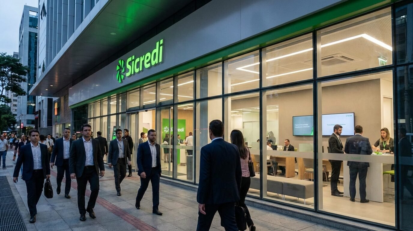 Fachada de agência do Sicredi com pessoas entrando e logotipo em destaque