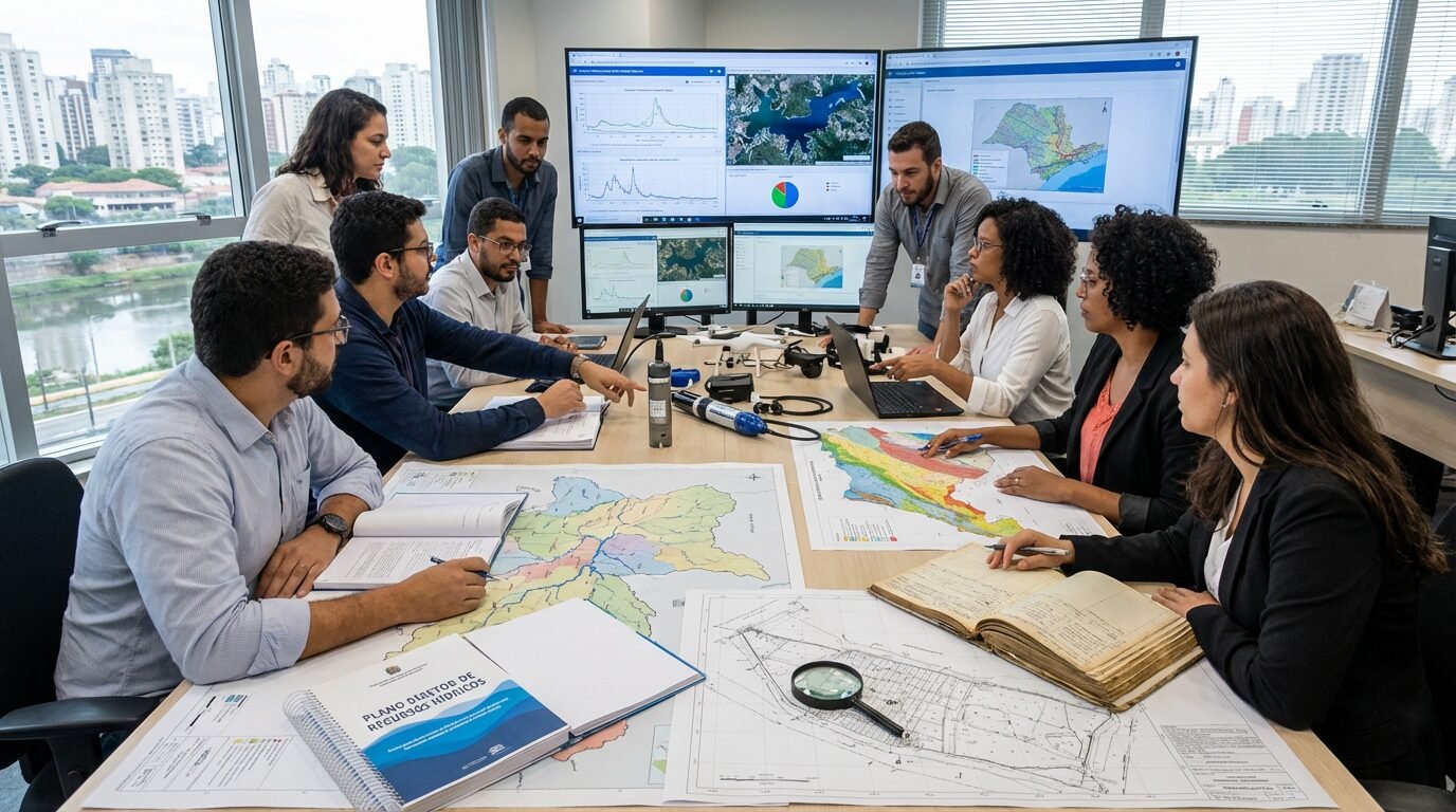 Servidores técnicos analisando dados ambientais e hídricos em São Paulo