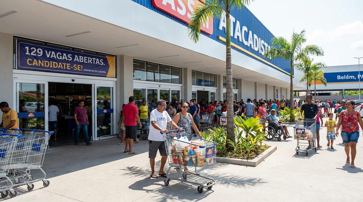 Fachada de supermercado em Belém com candidatos em processo seletivo