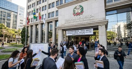 TJ SC abre concurso para áreas de nível médio e superior, oferece até R$ 10.382,29 e concentra disputa em prova única no fim de junho