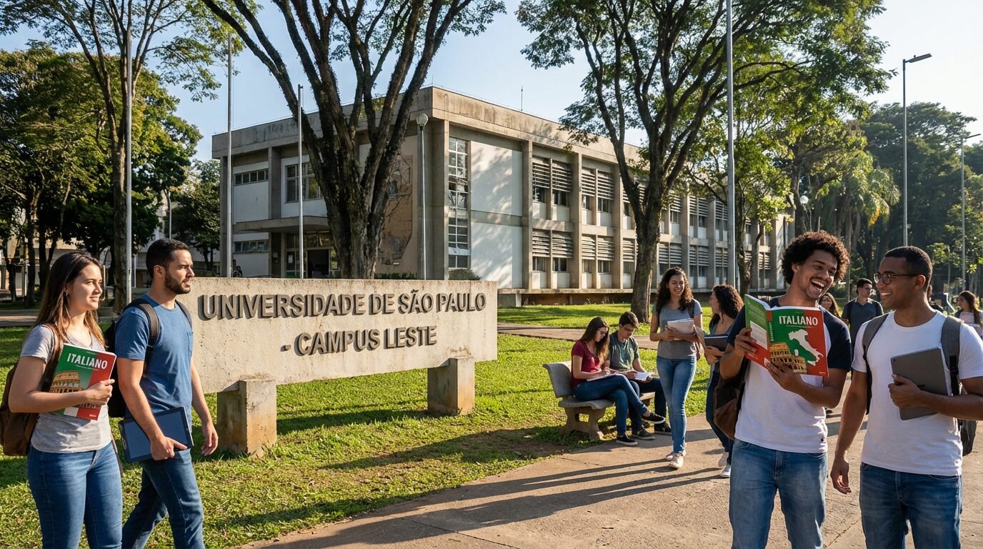 Entrada da Universidade de São Paulo com estudantes circulando no campus