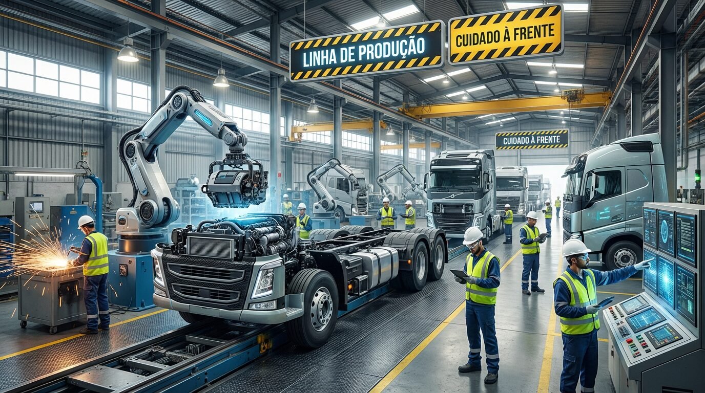 Fábrica da Volvo em Curitiba com caminhões na linha de produção