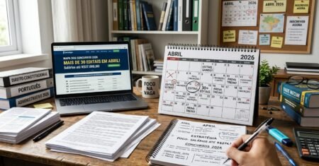 Concursos abril 2026 ganha força com mais de 30 editais no radar, salários de até R$27 mil e corrida antecipada por vagas em todo o país