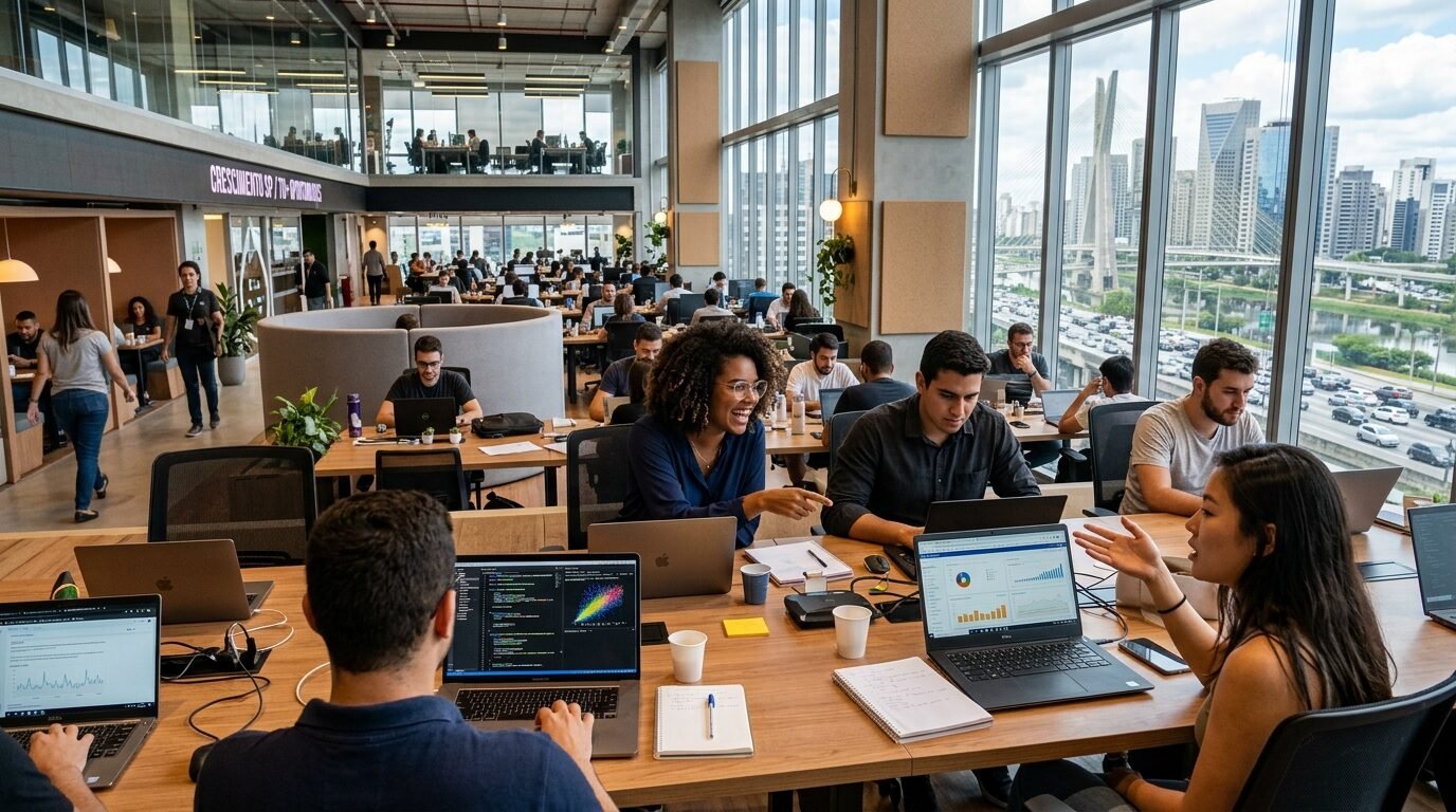 Equipe em escritório de tecnologia durante rotina de trabalho em São Paulo