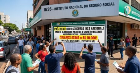 INSS acelera reforço contra filas e prepara concurso com 10 mil vagas para níveis médio e superior, com salário que pode passar de R$ 10 mil