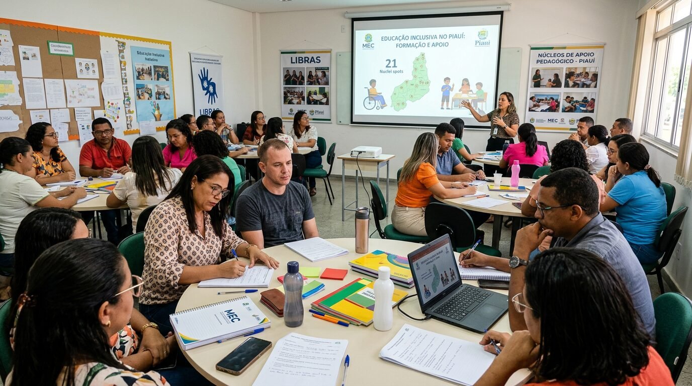 Professores em formação sobre educação inclusiva em sala de aula no Piauí